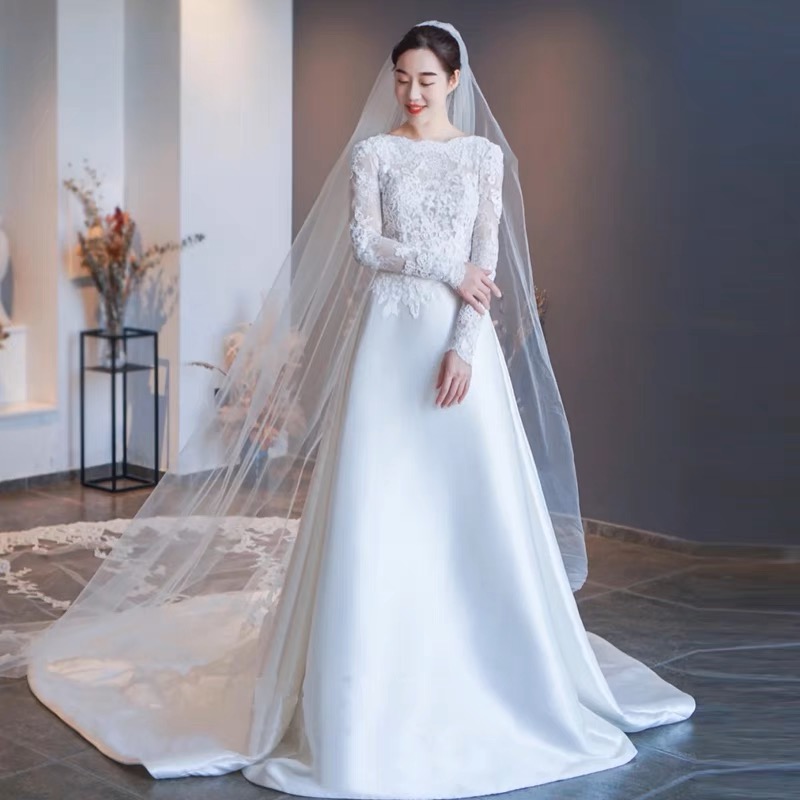Bridal Long Sleeve Dress, Simple Bridal Dress,high Quality Long Train Wedding Dress,custom Made
