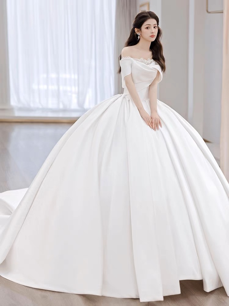 Satin Off Shoulder Bridal Dress, Luxury Wedding Dress, Senior Texture Big Train Wedding Dress,handmade