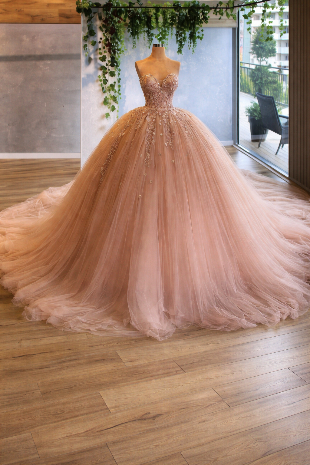 Blush Beaded Strapless Tulle Ball Gown With Full Skirt Blush Beaded Strapless Tulle Ball Gown With Full Skirt