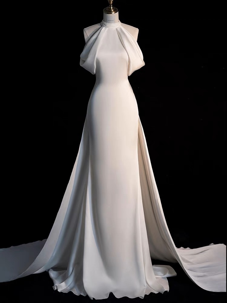 Halter Neck Wedding Dress,satin Bridal Dress,white Wedding Dress Elegant Bridal Dress,luxury Wedding Dress,handmade