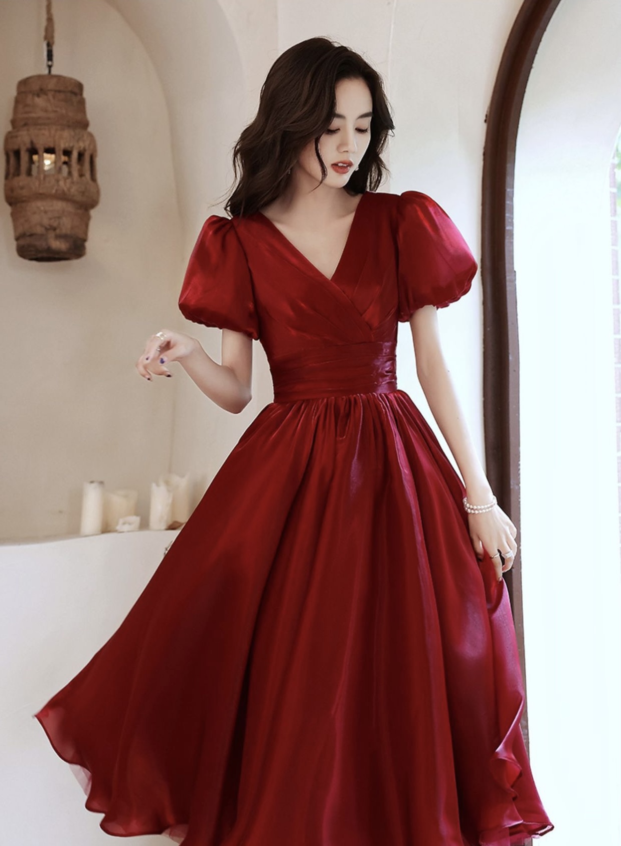 Satin Prom Dress,v-neck Party Dress ,red Midi Dress,simple Bridesmaid Dress,handmade