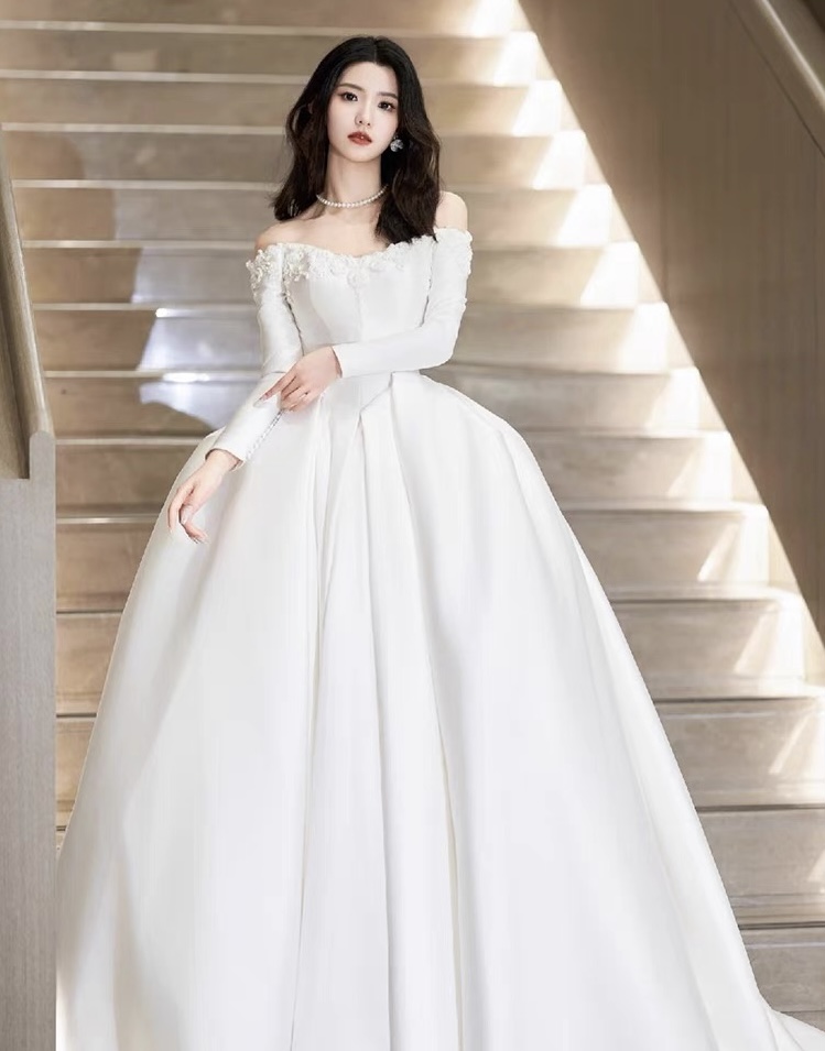 Satin Wedding Dress , Long Sleeve Wedding Dress, Senior Texture Off Shoulder Train Dress,custom Made