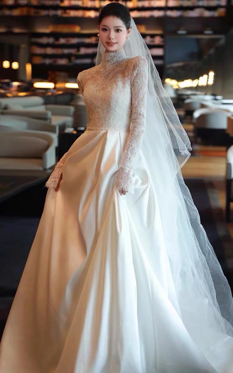 Light Wedding Dress, Bridal Dress, White Lace Long Sleeve Simple Train Dress, High Neck Arabian Wedding Dress,handmade