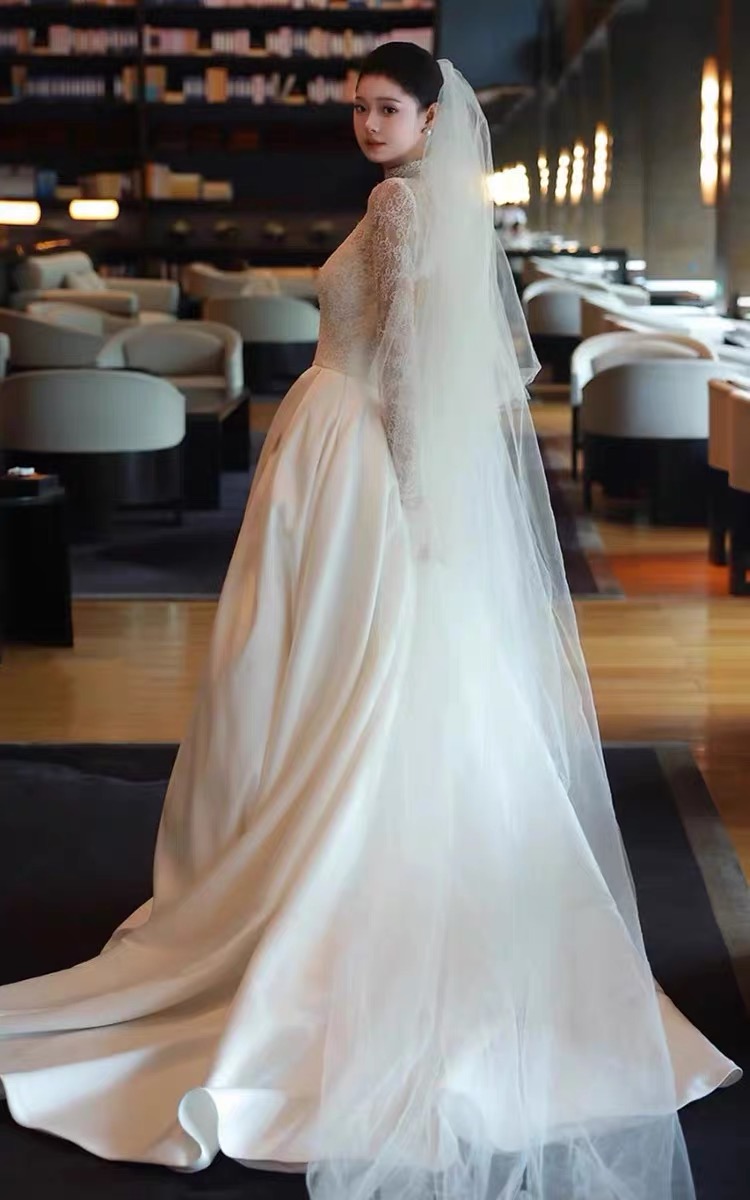 Light Wedding Dress, Bridal Dress, White Lace Long Sleeve Simple Train ...