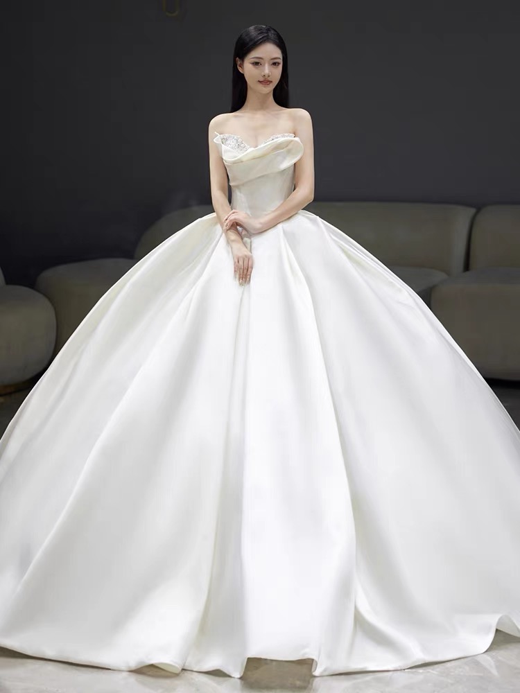 Satin Strapless Wedding Dress, High Quality Texture Wedding Dress, Train Bridal Dress,handmade