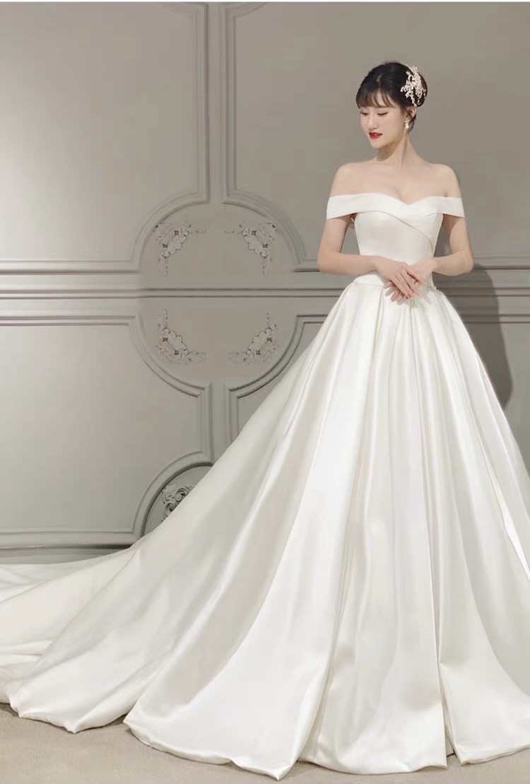 Satin Bridal Dress, Off-shoulder Wedding Dress, Simple Wedding Dress,handmade
