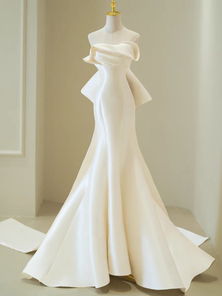 Bride Simple Strapless Dress, Temperament High-grade Mermaid Dress, Satin Wedding Dress, Satin Train Dress ,handmade