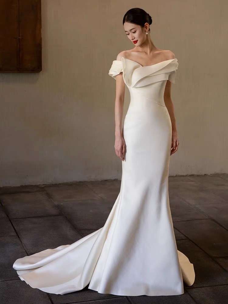 Off-shoulder Light Wedding Dress, Simple Satin Bridal Dress, Fairy Mermaid Wedding Dress,custom Made