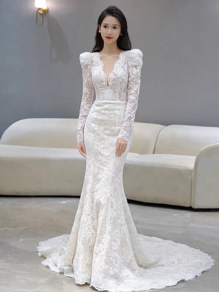 V-neck Wedding Dress,lace Bridal Dress, White Long Sleeve Wedding Dress,handmade