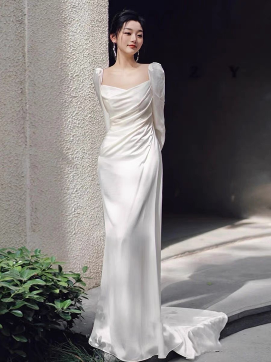 fitted lace wedding dress Zapaka Women Ivory Satin Asymmetrical Wedding Dress with Sleeves Sheath Off The Shoulder Long Reception Dress, Ivory / US2