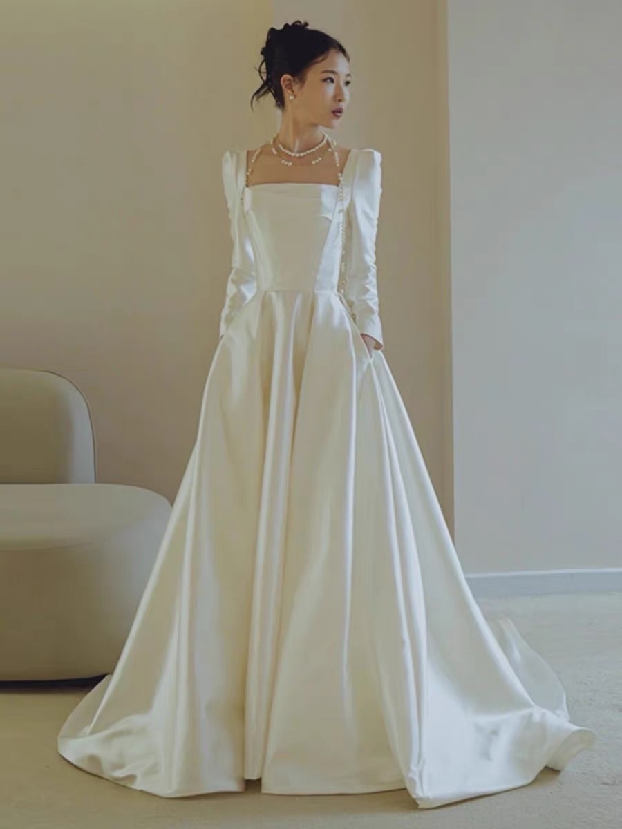 Satin Wedding Dress, Long Sleeve Bridal Dress, Off Shoulder Wedding Dress,custom Made