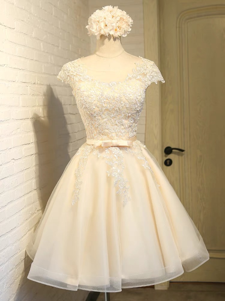 O-neck Party Dress,lace Bridesmaid Dress, Cute Cap Sleeve Homecoming Dress,handmade