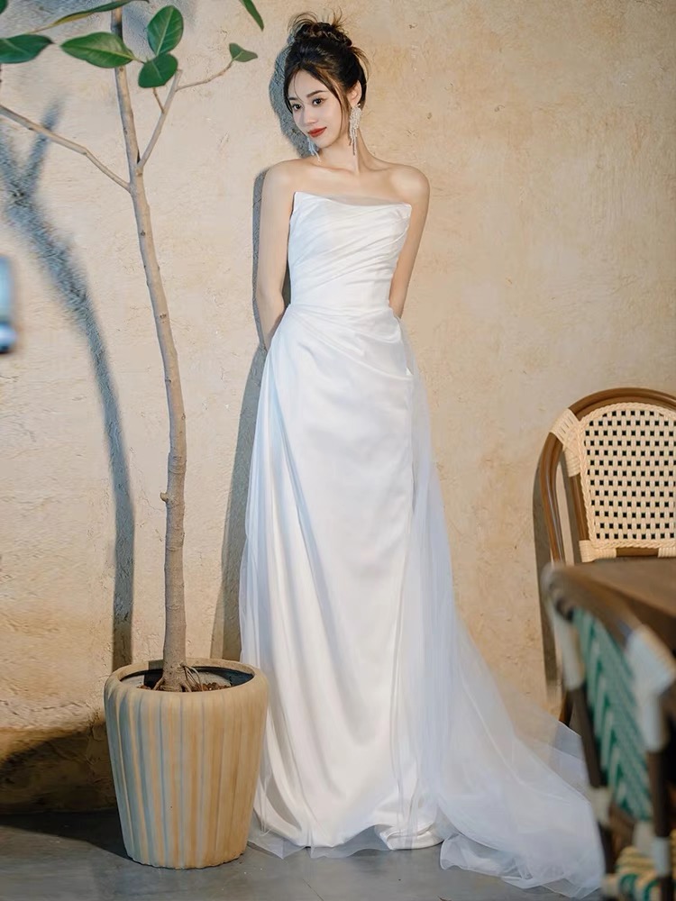 Strapless Light Wedding Dress, Bridal High Sense Satin Bridal Dress, Simple Temperament Mermaid Wedding Dress,handmade