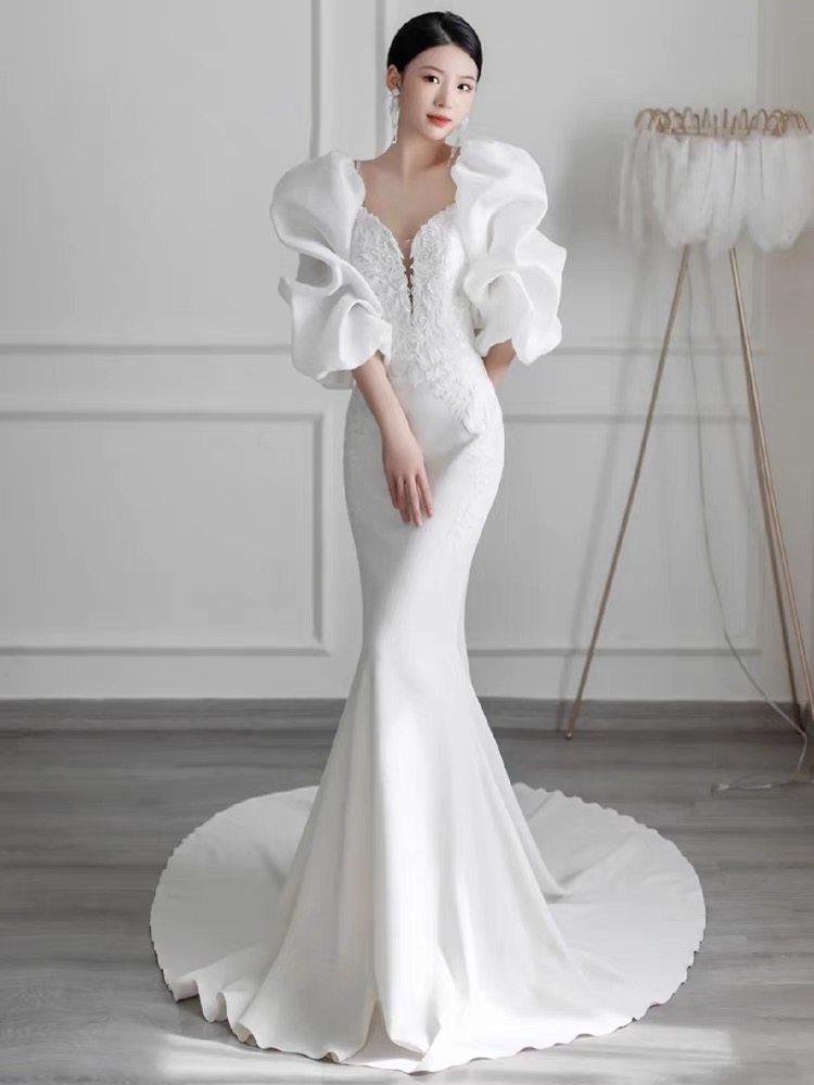 Satin Off-shoulder Wedding Dress, Temperament Fishtail Bridal Evening Dress, Extravagant Wedding Dress,handmade