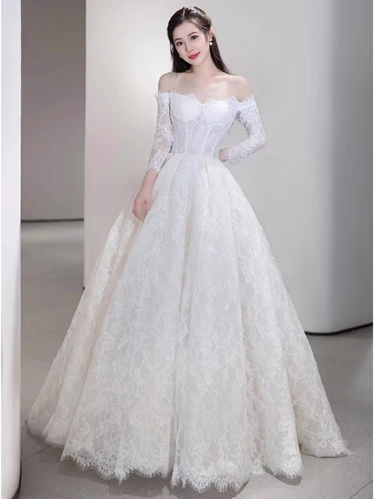 Elegant Wedding Dress, Senior Lace Wedding Dress, Long-sleeve Wedding Dress,off-shoulder Luxury Wedding Dress,handmade