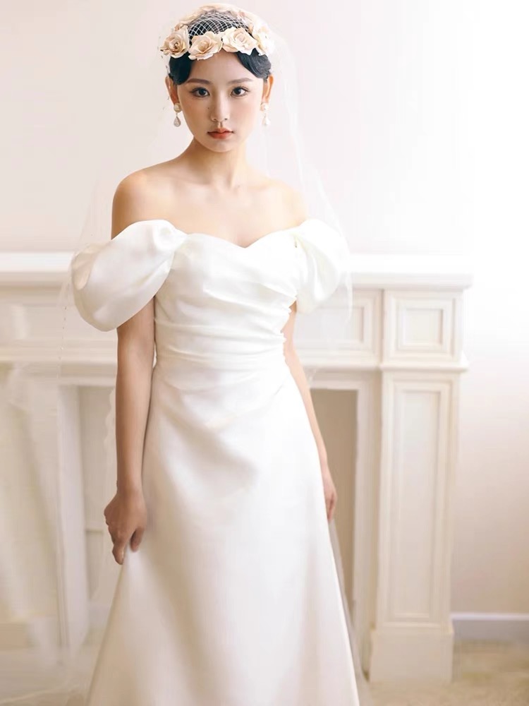 Strapless Light Wedding Dress, Simple Small Train Dress, Off Shoulder Slim Bodycon Dress, Senior Wedding Dress ,handmade