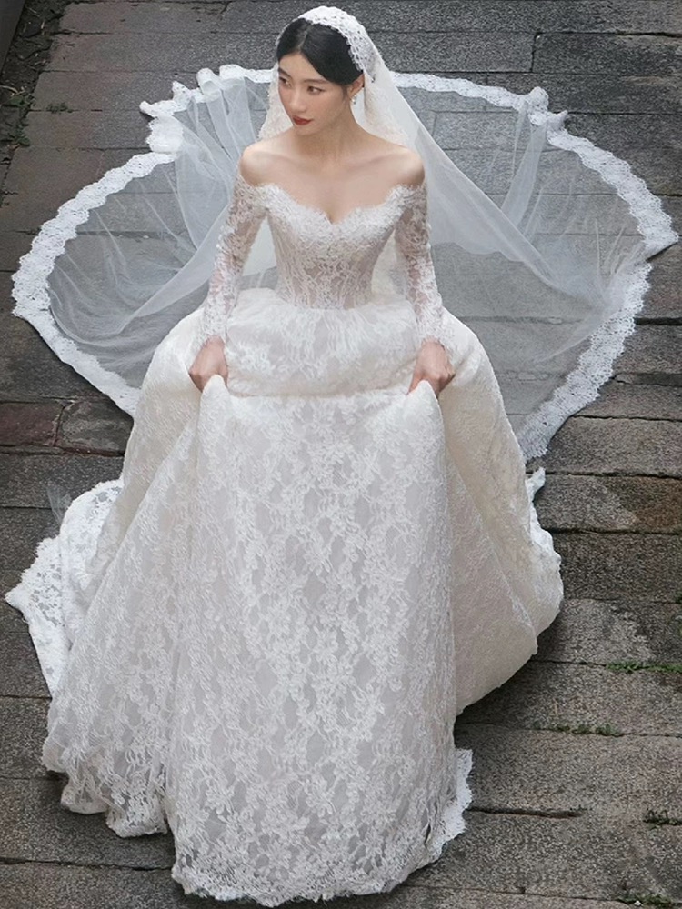 Long-sleeve Wedding Dress, High Quality Lace Dress, Off-shoulder Princess Big Train Bridal Dress, Dream Wedding Dress,handmade