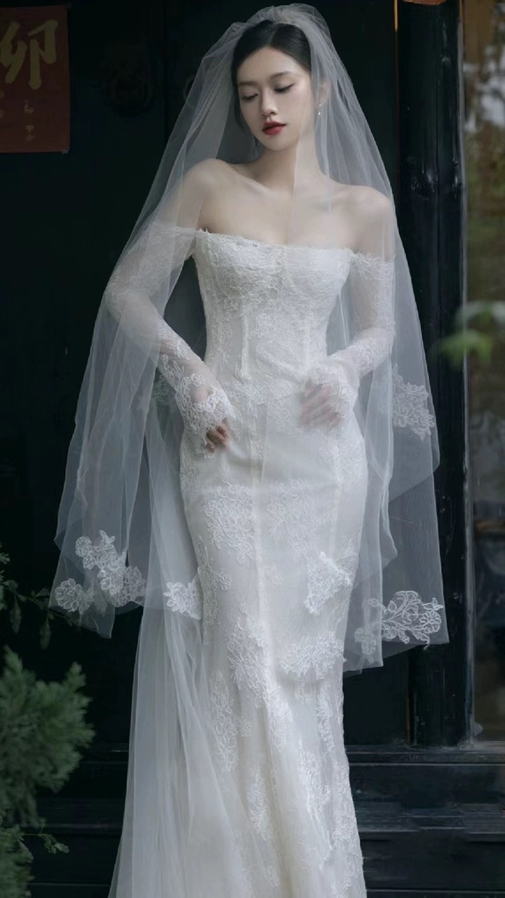 Deluxe Light Luxury Wedding Dress, Super Fairy Bridal Dress, Sexy One-shoulder Lace Long-sleeve Wedding Dress,handmade