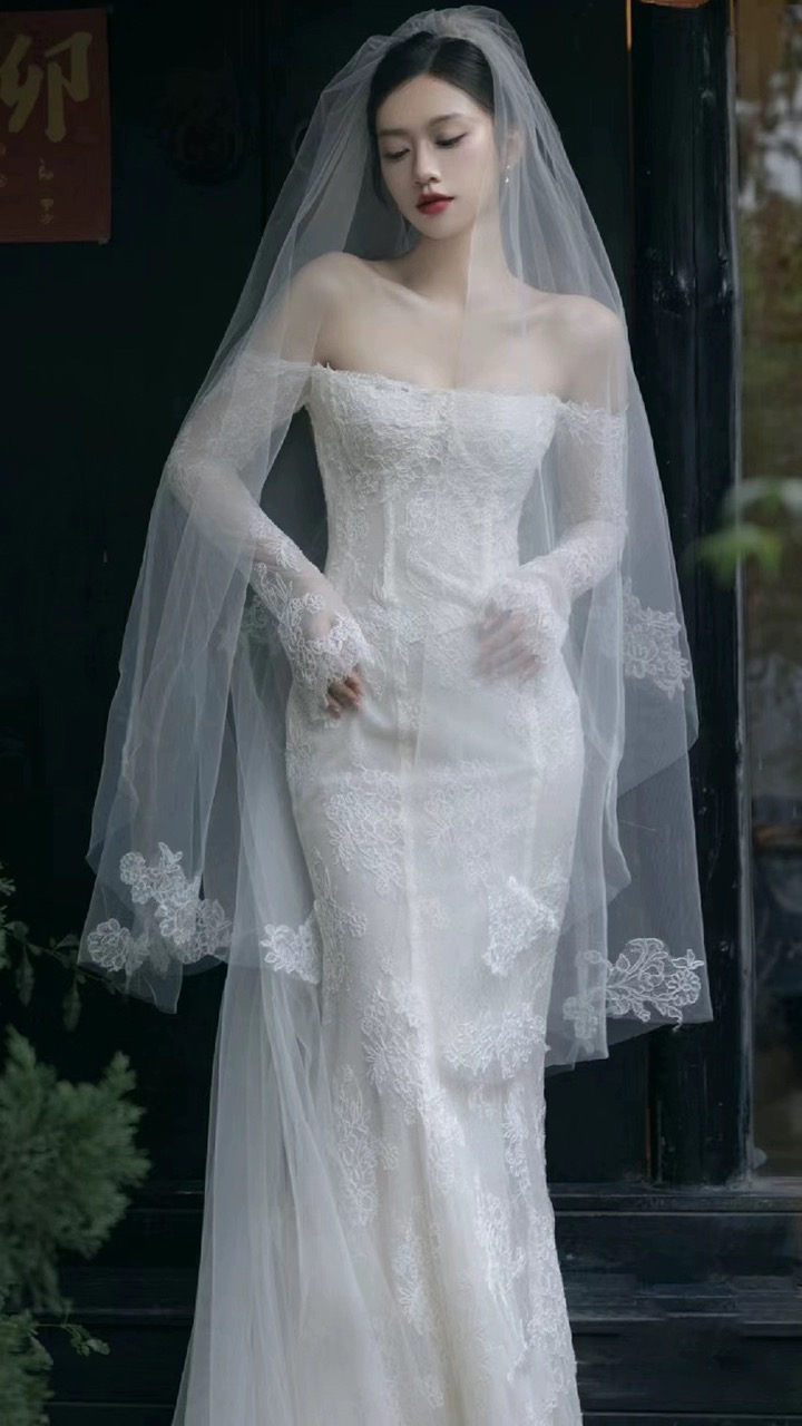 Deluxe Light Luxury Wedding Dress, Super Fairy Bridal Dress, Sexy One- shoulder Lace Long-sleeve Wedd on Luulla