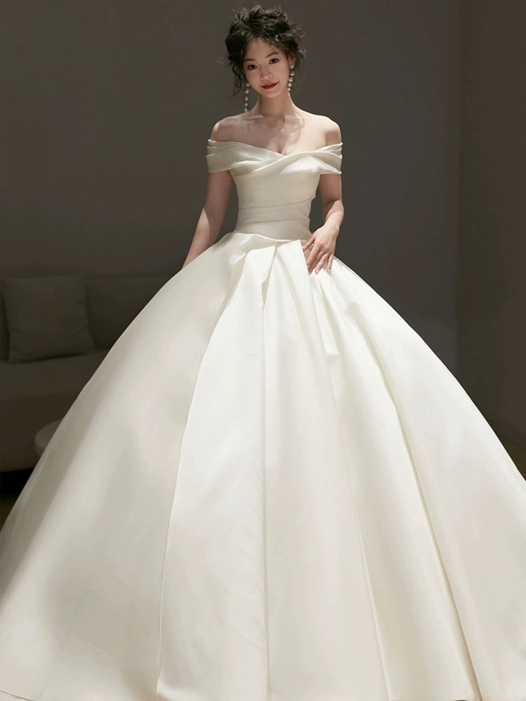 White Satin Wedding Dress, Simple Atmosphere Trailing Wedding Dress, Fairy Wedding Dress,handmade