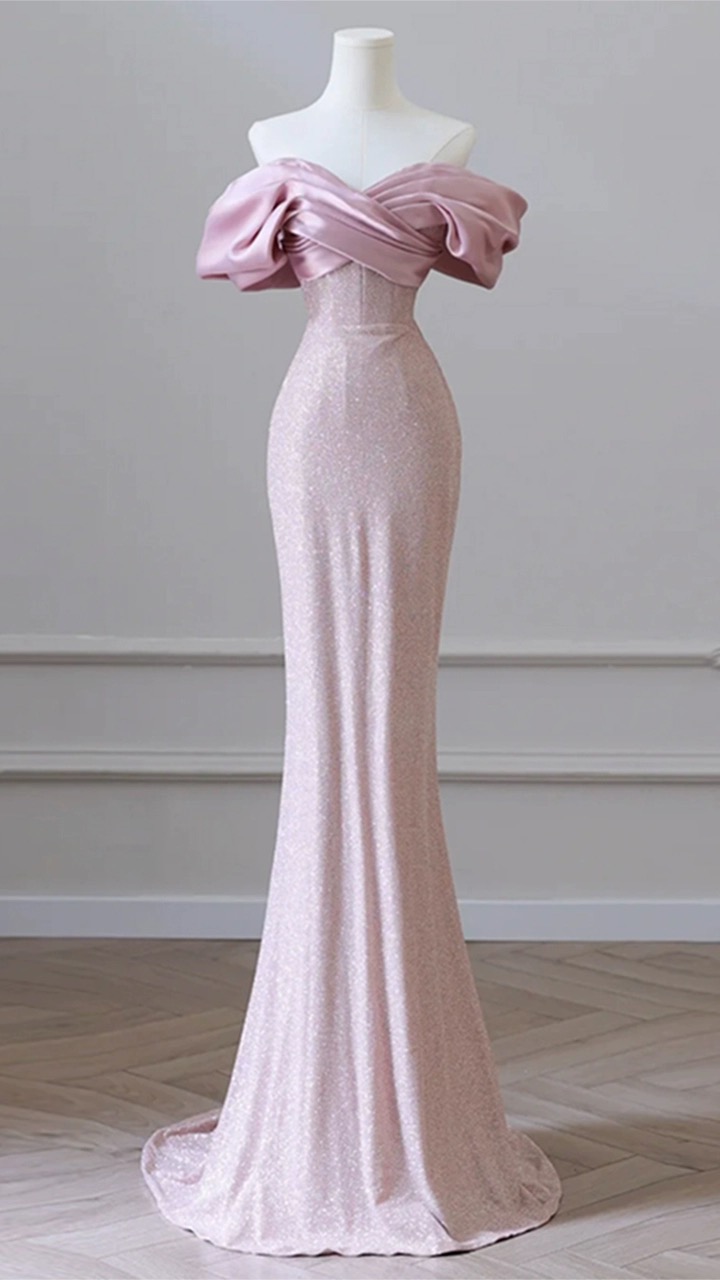 Pink Evening Dress, Sexy Mermaid Dress, Luxury Party Dress, Off-shoulder Bridal Dress,custom Made