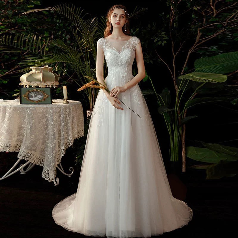Round Neck Light Wedding Dress, Fashion Simple Wedding Dress, Cap Sleeve Fairy Bridal Dress