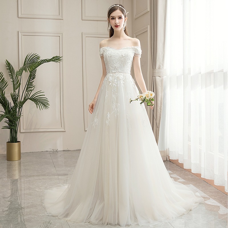 Fairy Light Wedding Dress, Bridal Off-shoulder Dress, Tailing Dream Simple Wedding Dress