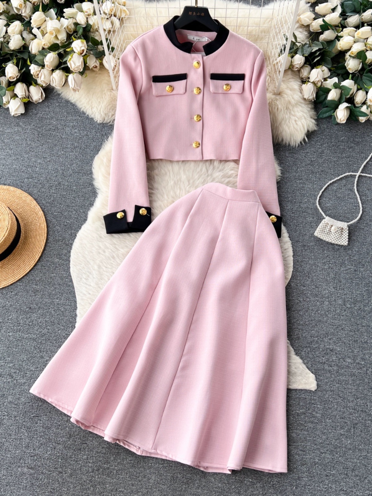 Celebrity, High Sense, Small Fragrance, Metal Breasted Round Neck Suit Jacket, Women's Two-piece, High-waisted Slimming Skirt