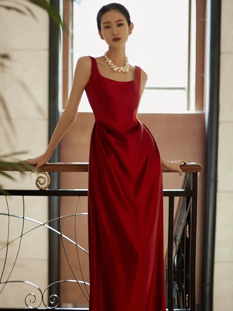 Vintage Simple Premium Wine Red Satin Dress, Spaghetti Strap Evening Dress