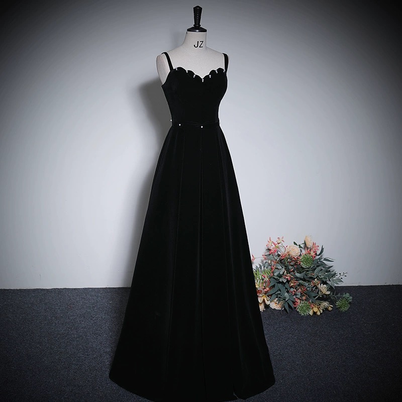 Vintage Dress,chic Premium Black Satin Dress, Spaghetti Strap Evening Dress