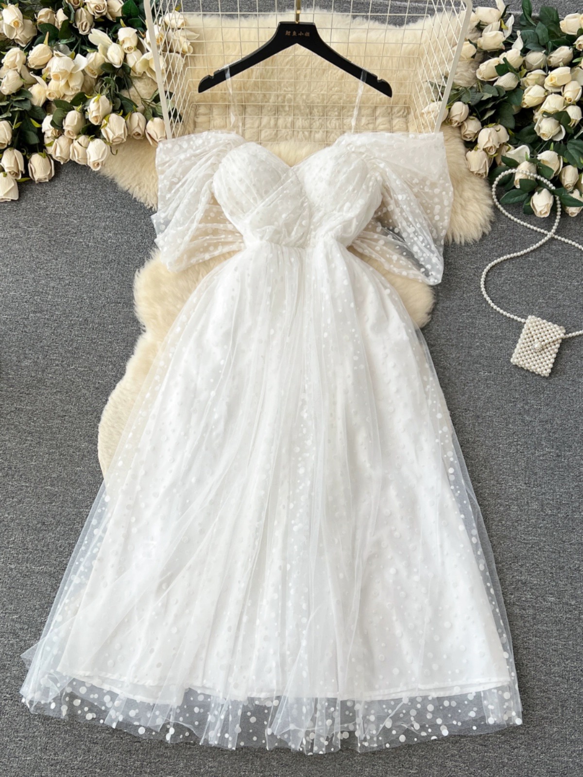 White Wedding Dress, Light Luxury Waist Temperament Dress,fairy Off Shoulder Party Dress