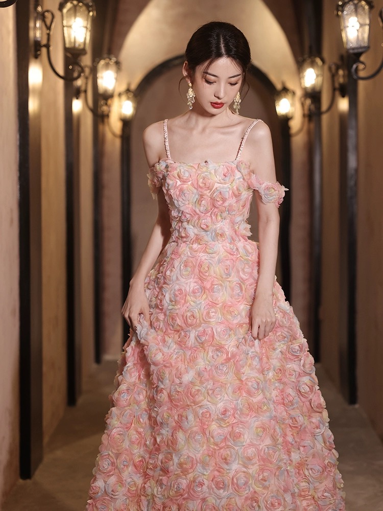 Pink Floral Dress,unique Evening Dress,l Ight Luxury Party Dress
