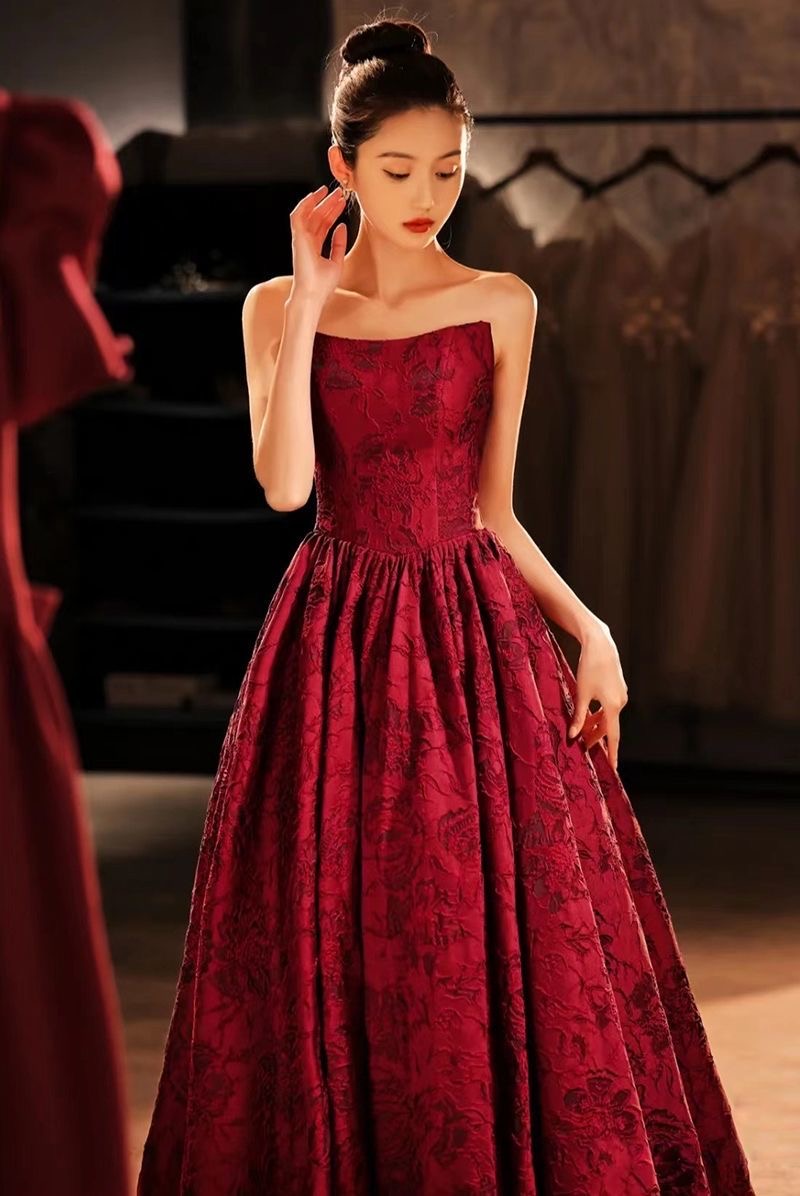 Strapless Red Evening Dress, Charming Prom Dress,Vintage Floral Dress
