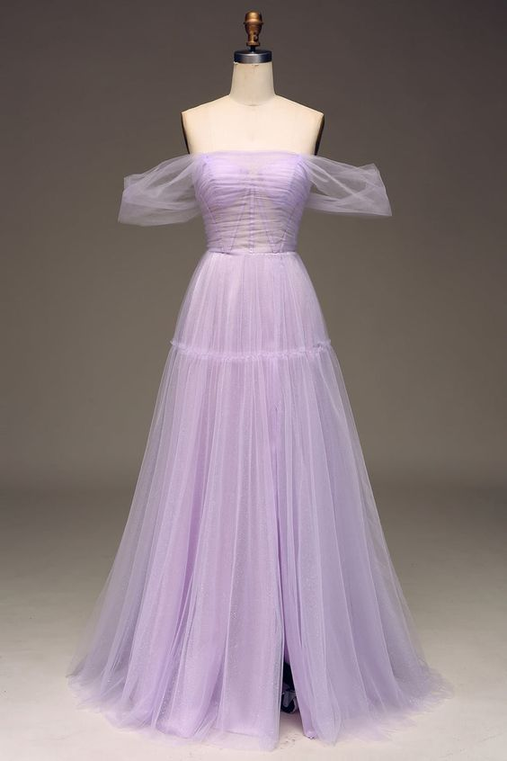 Off Shoulder Tulle Long Prom Dress Purple Evening Dress