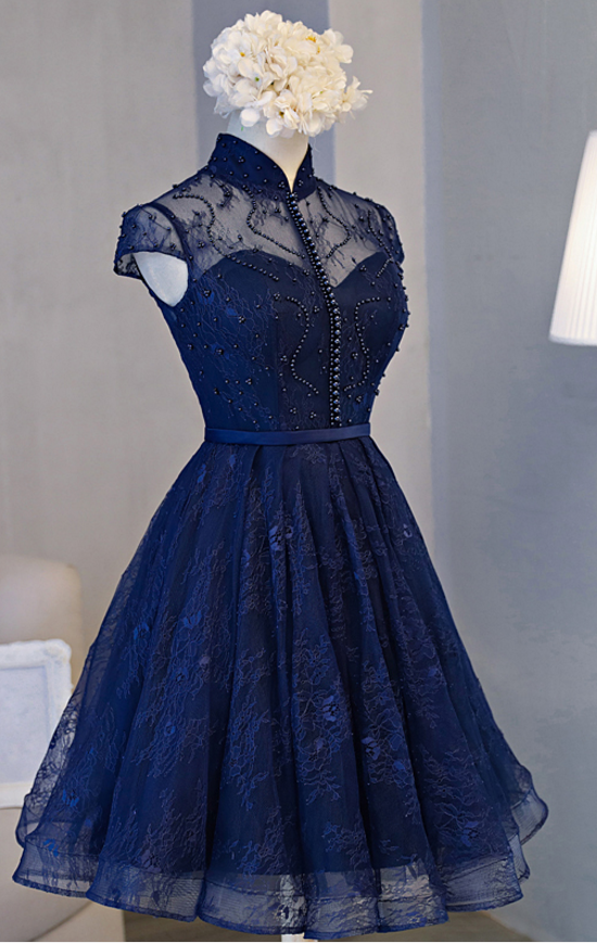 Short Party Dress Lace Prom Dress, Navy Blue Homecoming Dress