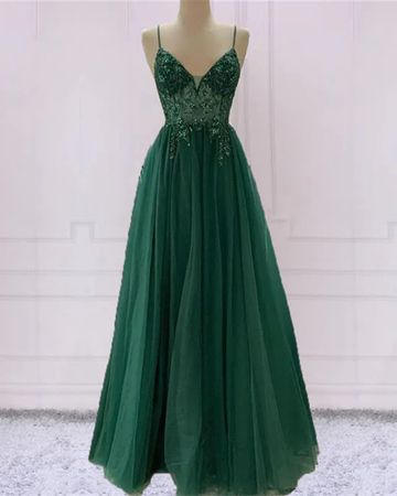 Spaghetti Strap Prom Dress,dark Green Tulle Evening Dress,sexy Party Dress