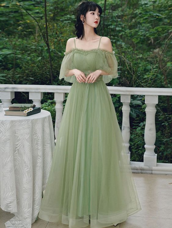 Spaghetti Strap Prom Dress,green Tulle Evening Dress,fairy Party Dress