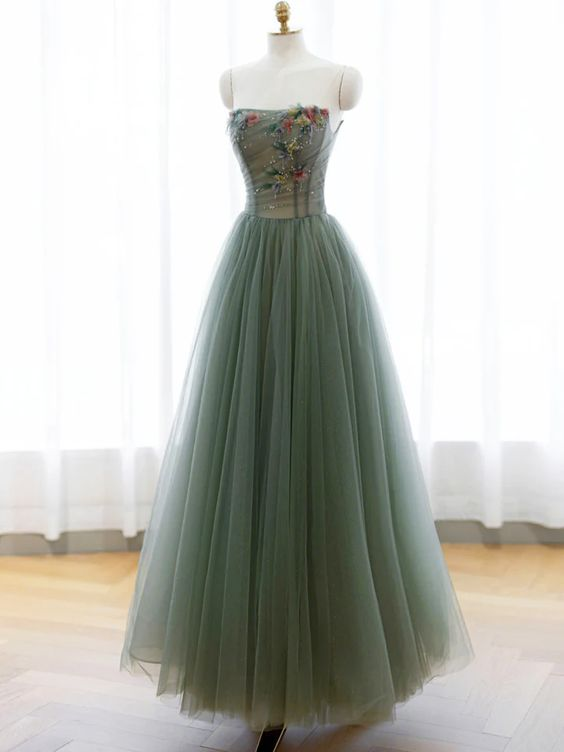 Green Prom Dress,strapless Evening Dress,fairy Evening Dress With Appique
