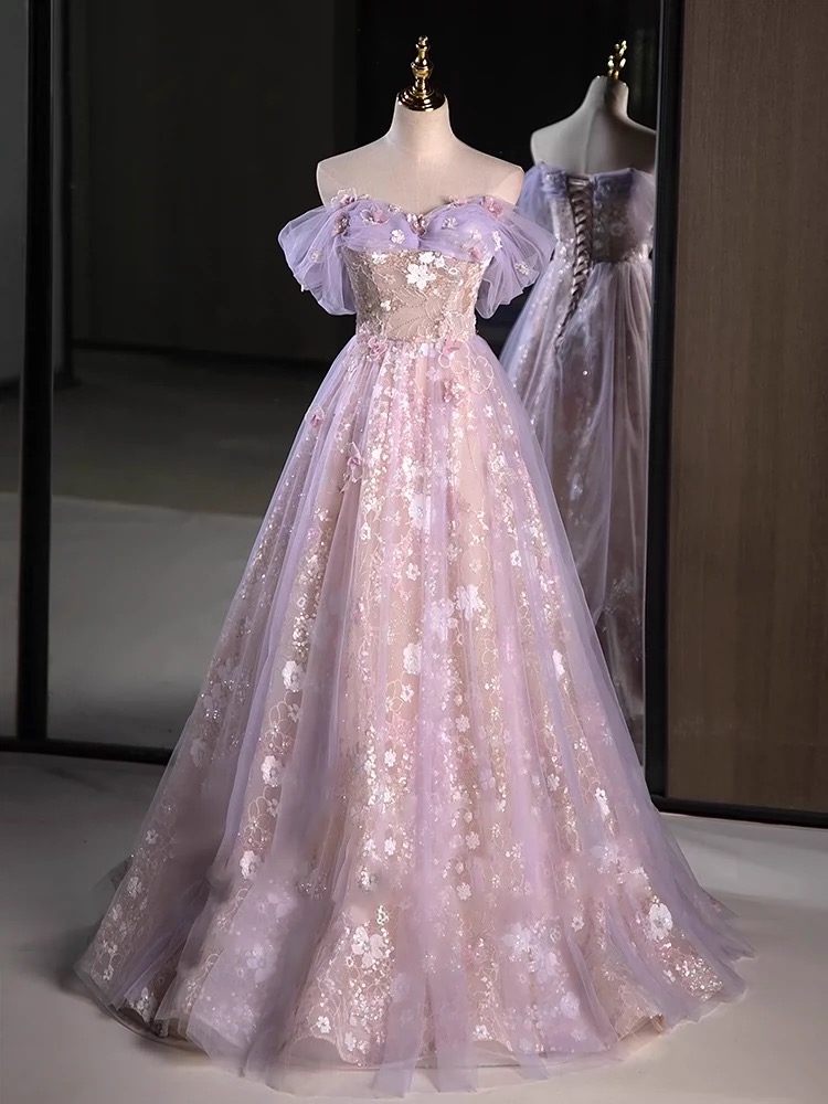 Purple Floral Dress,dream Evening Dress,off Shoulder Party Dress