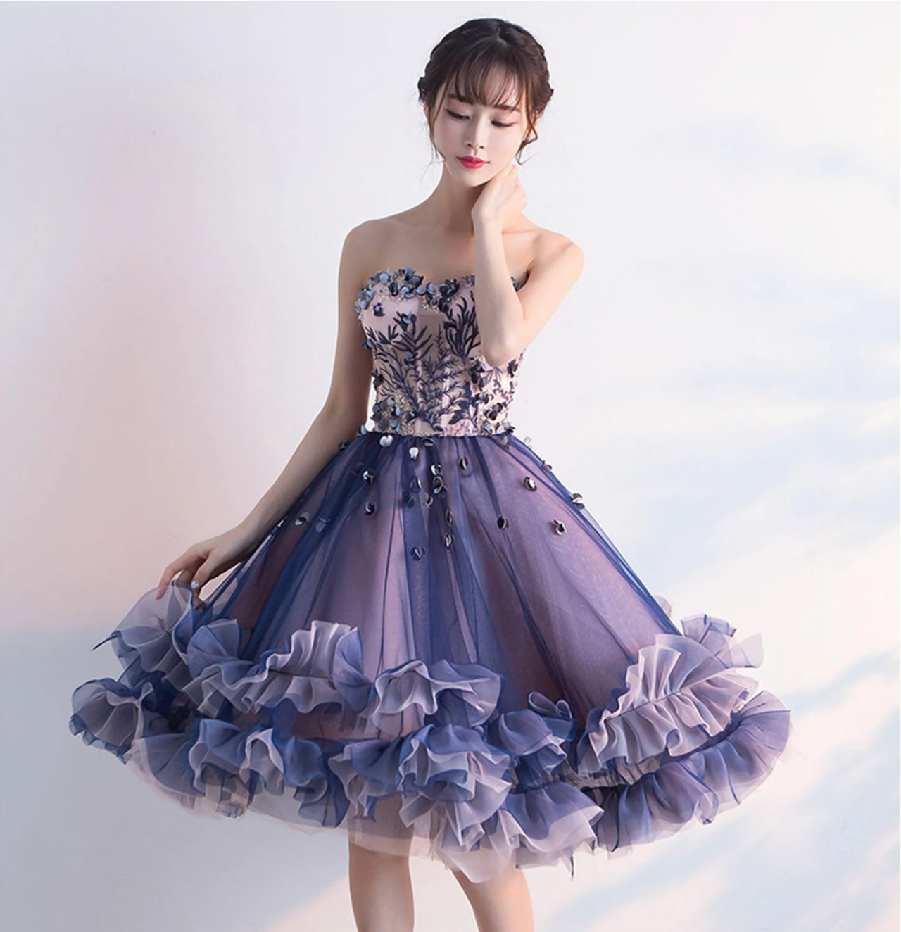 Purple Tulle Lace Short Prom Dress Cute Homecoming Dress With Applique