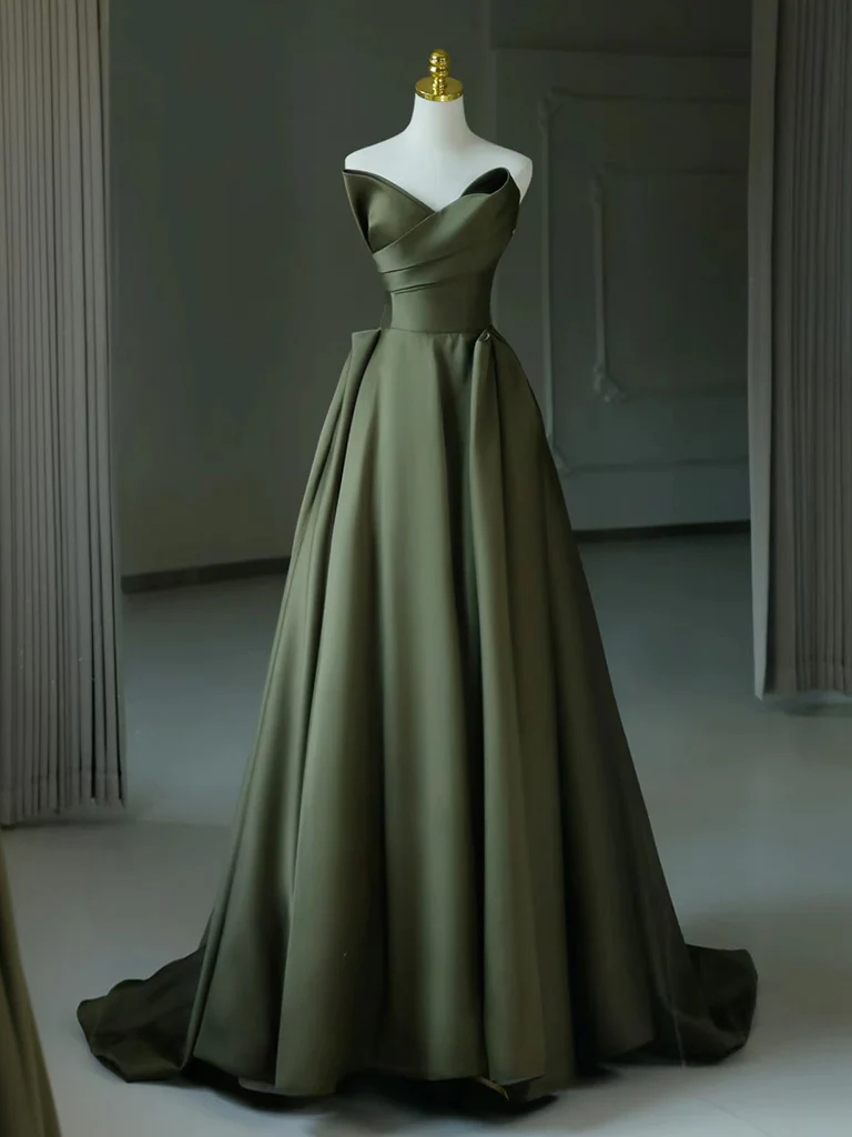 Noble Strapless Dress Elegant A-line V Neck Satin Dark Green Long Prom Dresses