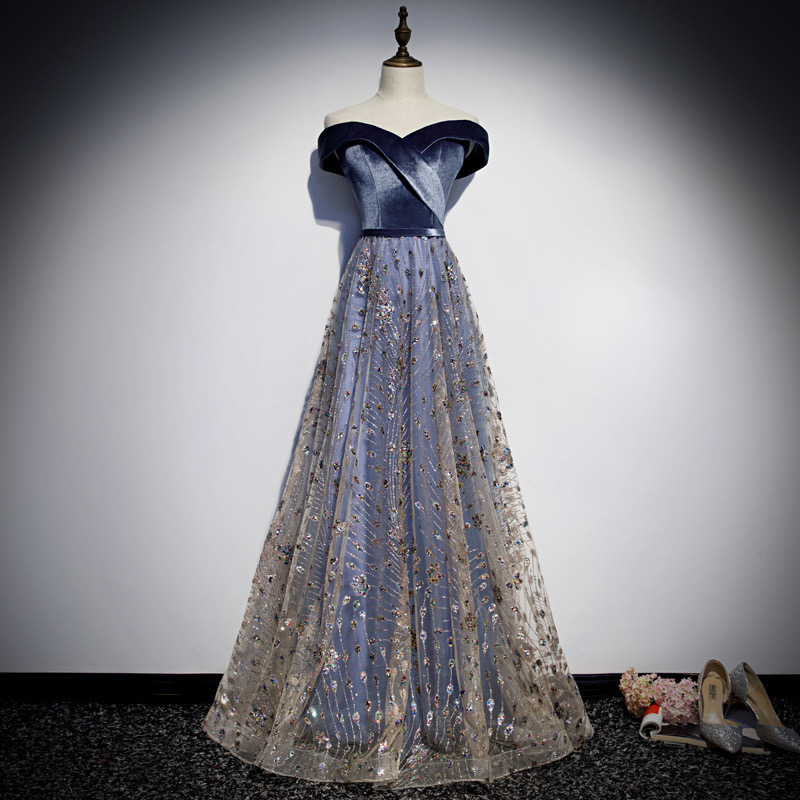 A Line Off Shoulder Blue Prom Dress Formal Glitter Evening Dress