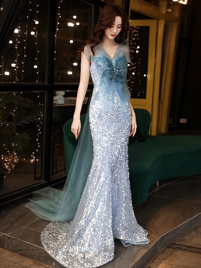 V-neck Blue Prom Dress Sexy Glitter Evening Dress,mermaid Party Dress