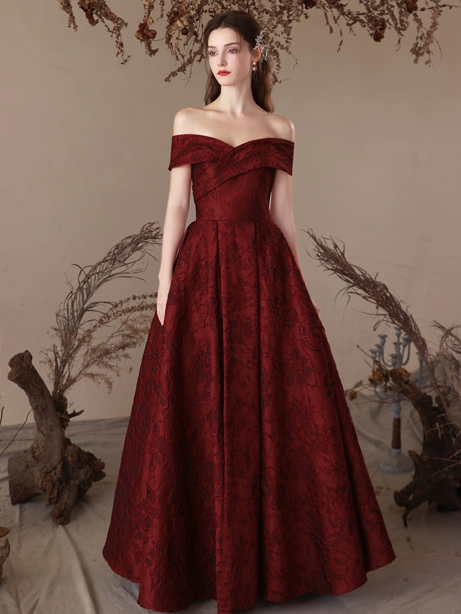 Off Shoulder Prom Dress Burgundy Party Dress Luxurious Jacquard Evening Dress