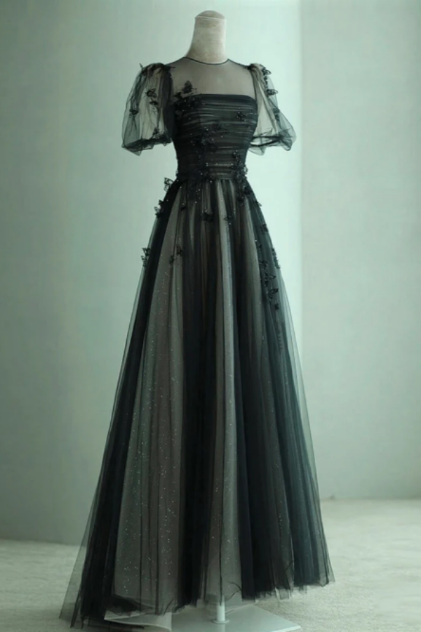 O-neck Prom Dress Black Party Dress Fairy Evening Dress Cute Puff Sleeves Birthday Dress