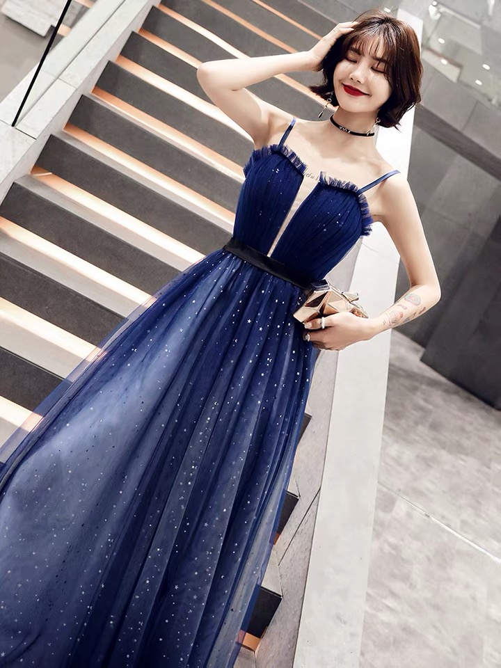 Navy Blue Tulle Long A-line Prom With Sequin, Sexy Spaghetti Strap Party Dress