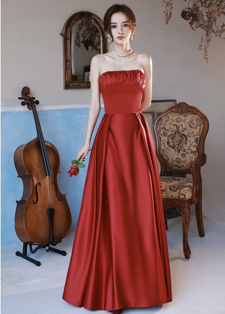 Strapless Prom Dress,charming Party Dress Red Satin Evening Dress With Bead