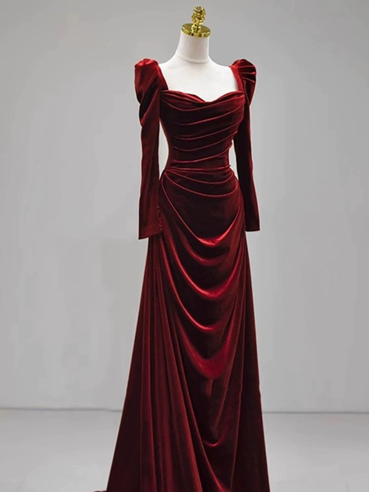 Long Sleeve Prom Dress Burgundy Evening Dress Formal Mermaid Dress