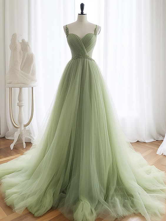Spaghetti Strap Fairy Dress Light Green Party Dresselegant Prom Dress With Bead