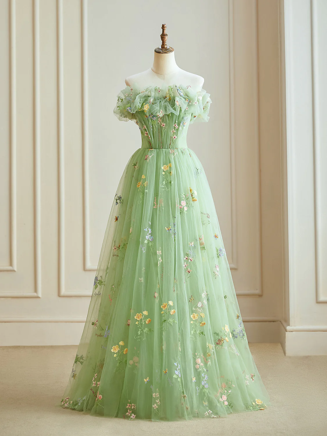 Light Green Tulle Floral Sleeves Long Party Dress, A-line Strapless Prom Dress